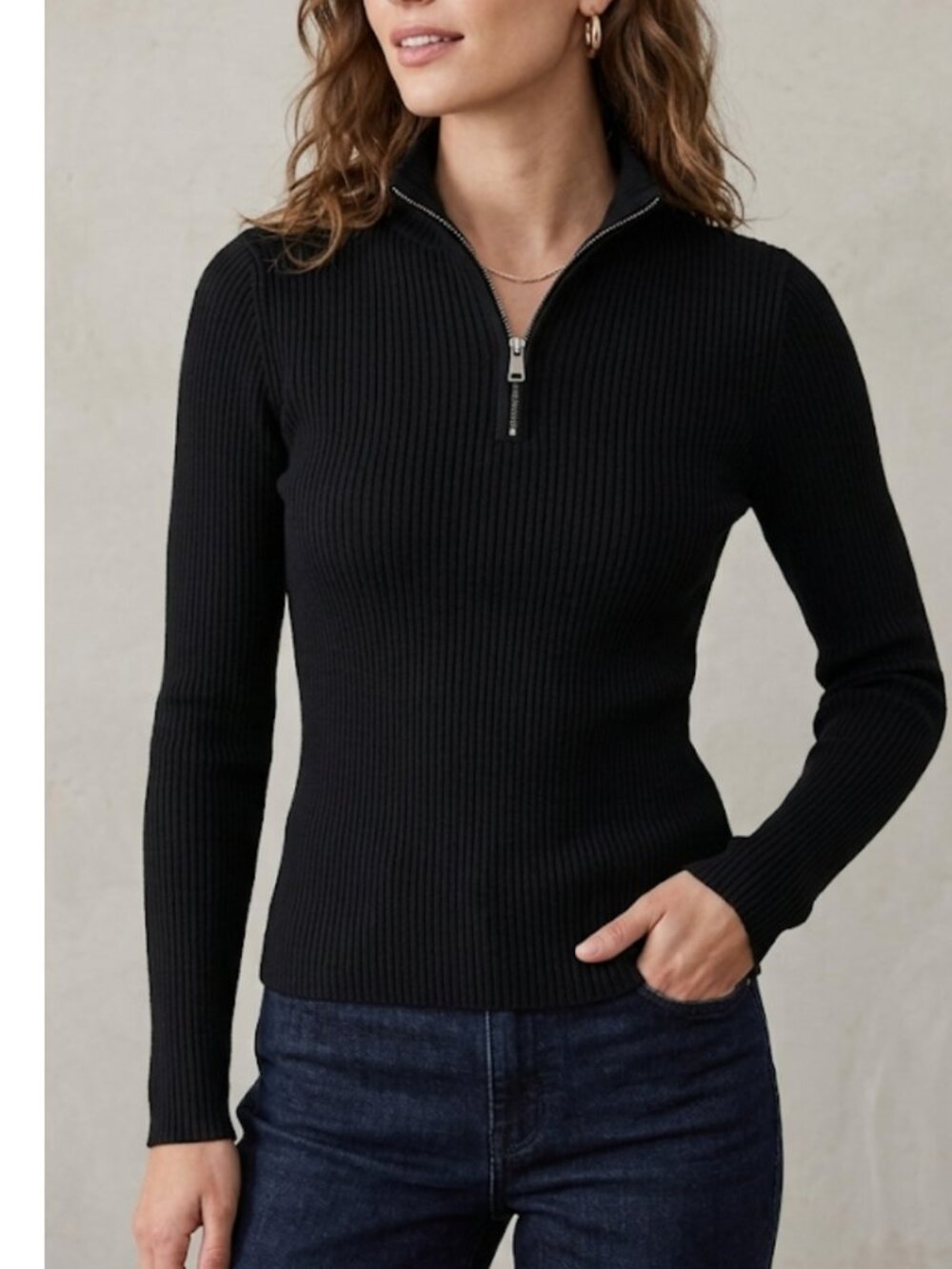 Halogen Black Ribbed Slim Fit Mock Neck Quarter-Zip Sweater Casual Size XS